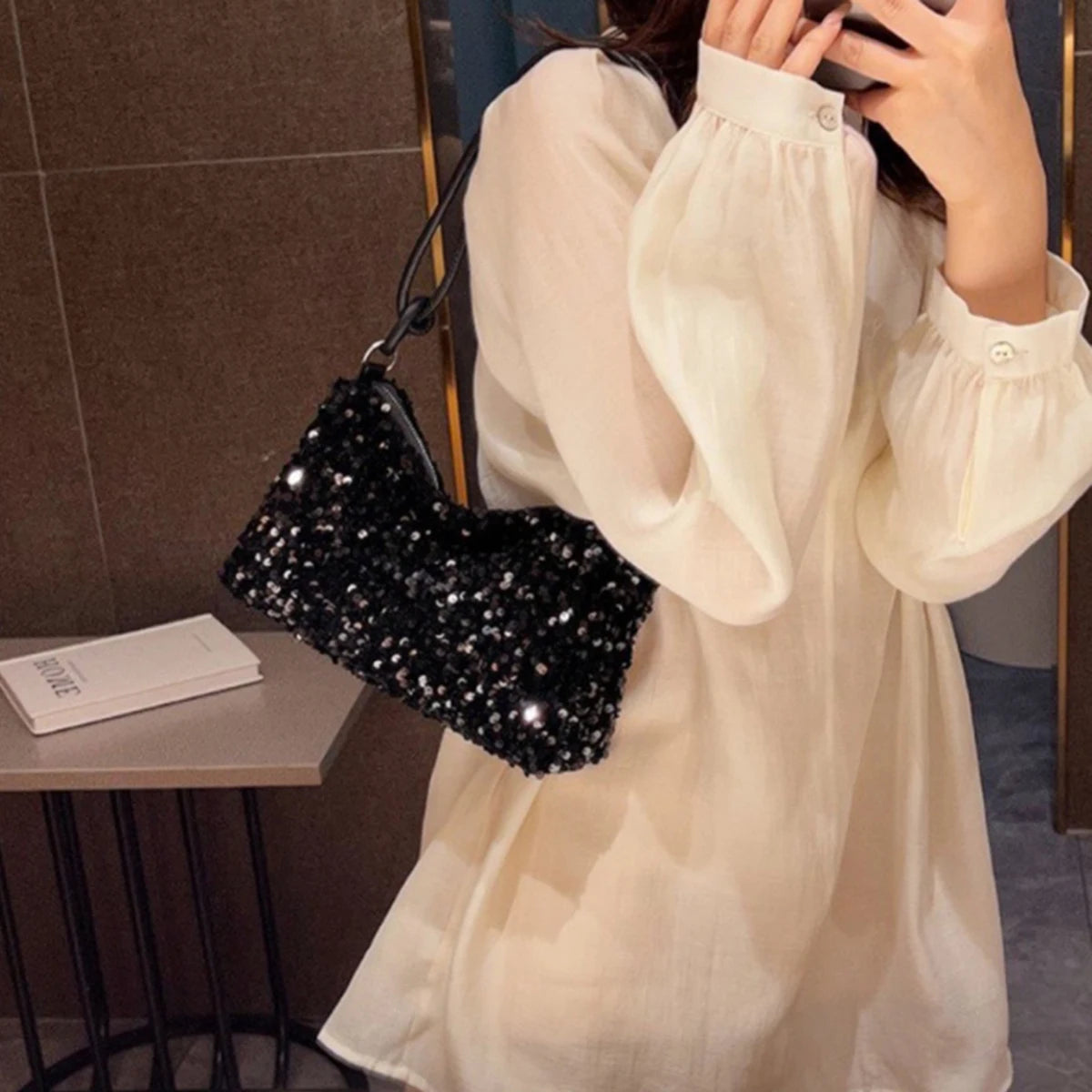 Bolsa Glam Night - Design Paetê Black (Ombro)